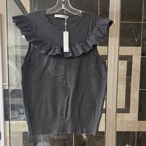 Trina Turk Dark Charcoal Ruffle Sleeveless Knit Tank
